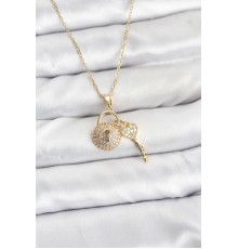 316L Çelik Zincir Gold Renk Kilit Anahtar Model Zirkon Taşlı Kadın Kolye - TJ-BKO10881