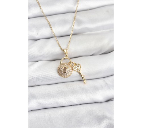 316L Çelik Zincir Gold Renk Kilit Anahtar Model Zirkon Taşlı Kadın Kolye - TJ-BKO10881