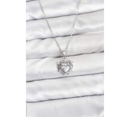 316L Çelik Zincir Gümüş Renk Kalp Model Zirkon Taşlı Kadın Kolye - TJ-BKO10882