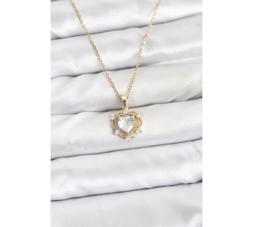 316L Çelik Zincir Gold Renk Kalp Model Zirkon Taşlı Kadın Kolye - TJ-BKO10883