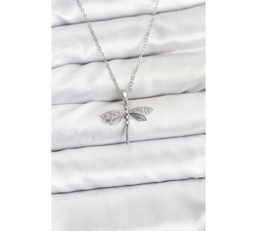 316L Çelik Zincir Gümüş Renk Yusufçuk Model Zirkon Taşlı Kadın Kolye - TJ-BKO10886