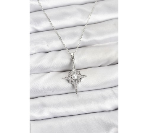 316L Çelik Zincir Gümüş Renk Kutup Yıldızı Model Zirkon Taşlı Kadın Kolye - TJ-BKO10892