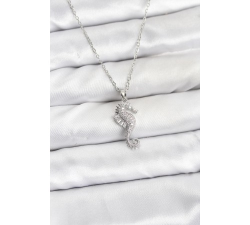316L Çelik Zincir Gümüş Renk Deniz Atı Model Zirkon Taşlı Kadın Kolye - TJ-BKO10894