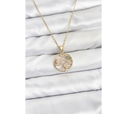 316L Çelik Zincir Gold Renk Şans Kolyesi Model Zirkon Taşlı Kadın Kolye - TJ-BKO10899