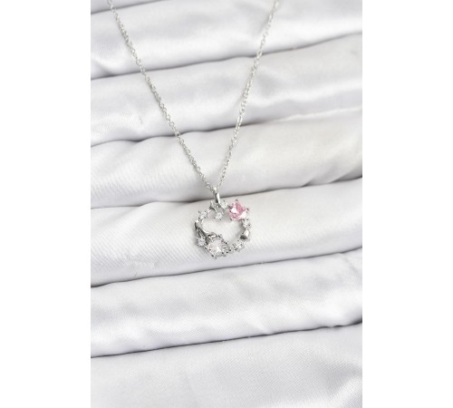 316L Çelik Zincir Gümüş Renk Pembe Taş Detaylı Çelenk Model Kadın Kolye - TJ-BKO10902