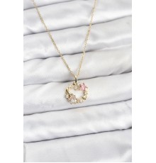 316L Çelik Zincir Gold Renk Pembe Taş Detaylı Çelenk Model Kadın Kolye - TJ-BKO10903