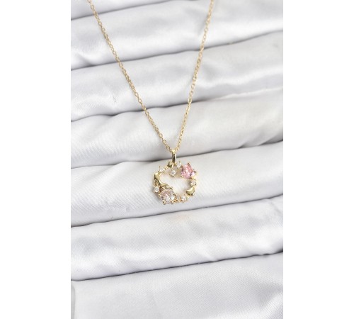 316L Çelik Zincir Gold Renk Pembe Taş Detaylı Çelenk Model Kadın Kolye - TJ-BKO10903