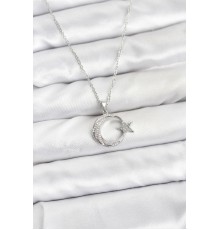 316L Çelik Zincir Gümüş Renk Ay Yıldız Model Zirkon Taşlı Kadın Kolye - TJ-BKO10904