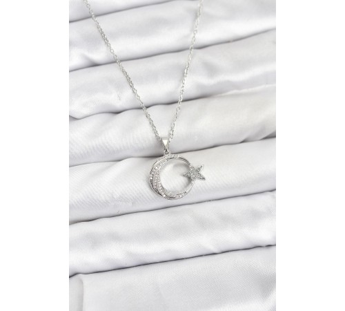 316L Çelik Zincir Gümüş Renk Ay Yıldız Model Zirkon Taşlı Kadın Kolye - TJ-BKO10904
