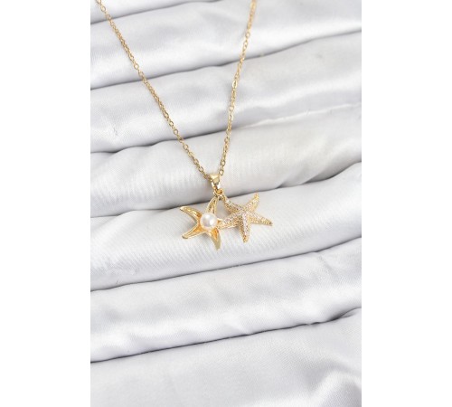 316L Çelik Zincir Gold Renk Deniz Yıldızı Model Zirkon Taşlı Kadın Kolye - TJ-BKO10907