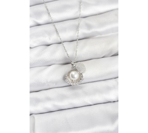 316L Çelik Zincir Gümüş Renk İncili Deniz Kabuğu Model Zirkon Taşlı Kadın Kolye - TJ-BKO10910