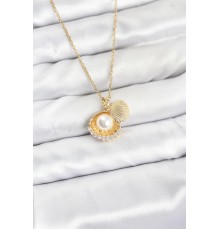 316L Çelik Zincir Gold Renk İncili Deniz Kabuğu Model Zirkon Taşlı Kadın Kolye - TJ-BKO10911