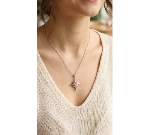 316L Çelik Gümüş Renk Zirkon Taşlı Kutup Yıldızı Model Kadın Kolye - TJ-BKO10912