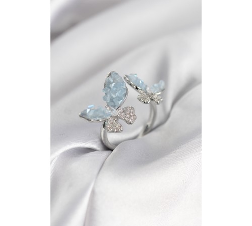 Gümüş Renk Mavi Model Zirkon Taşlı Kadın Yüzük - TJ-BYK3945