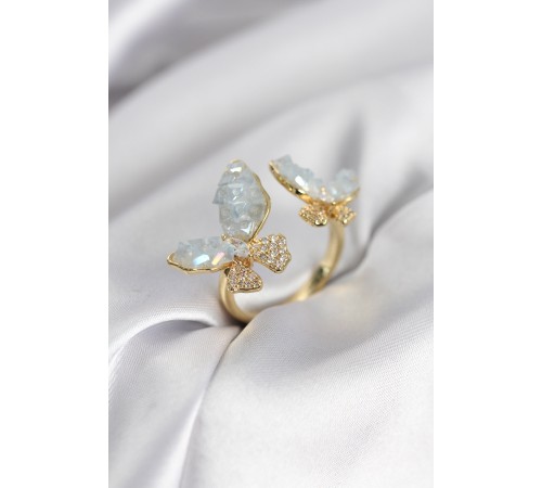 Gold Renk Mavi Model Zirkon Taşlı Kadın Yüzük - TJ-BYK3946