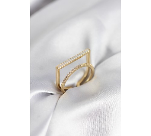 Gold Renk Sedefli Zirkon Taşlı 2'li Kadın Yüzük - TJ-BYK3955