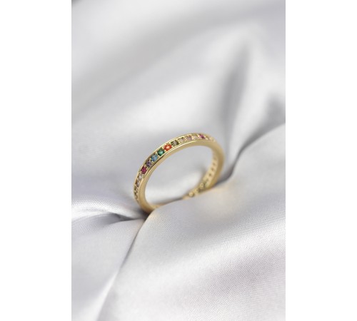 Gold Renk Sıralı Renkli Zirkon Taşlı Kadın Yüzük - TJ-BYK3965