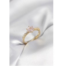 Gold Renk Pembe Tek Taş Model Zirkon Taşlı Kadın Yüzük - TJ-BYK3991