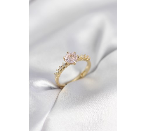 Gold Renk Pembe Tek Taş Model Zirkon Taşlı Kadın Yüzük - TJ-BYK3991