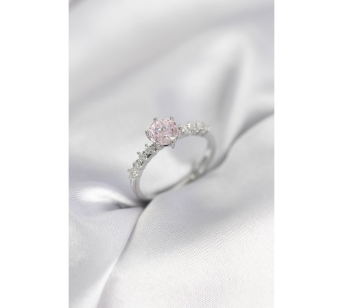 Gümüş Renk Pembe Tek Taş Model Zirkon Taşlı Kadın Yüzük - TJ-BYK3992