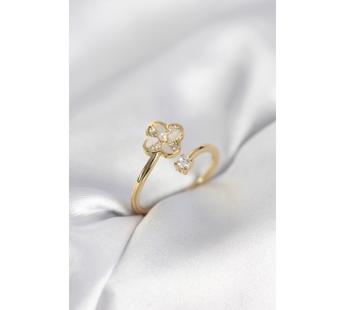 Gold Renk Zirkon Taşlı Yonca Model Kadın Yüzük - TJ-BYK4005