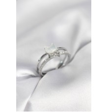 Gümüş Renk Sedefli Kedi Model Fiyonklu Zirkon Taşlı Kadın Yüzük - TJ-BYK4016