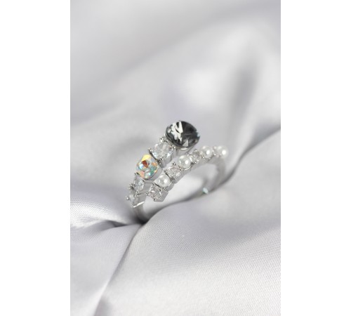 Gümüş Renk Pirinç Zirkon Taşlı İncili Kadın Yüzük - TJ-BYK4035