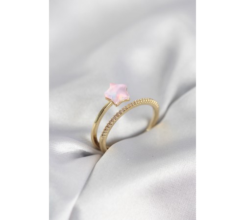 Gold Renk Zirkon Taşlı Pembe Halley Model Kadın Yüzük - TJ-BYK4040