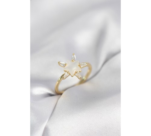 Gold Renk Yıldız Model Sedefli Zirkon Taşlı Kadın Yüzük - TJ-BYK4052