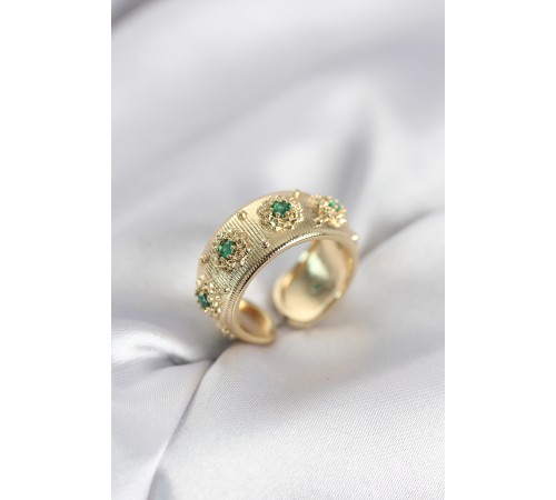 Yeşil Zirkon Taşlı Gold Renk Vintage Kadın Yüzük - TJ-BYK4084