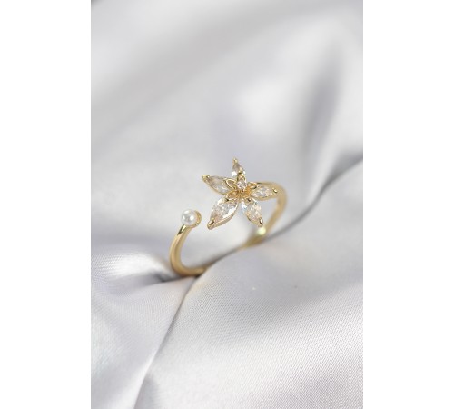 Lotus Model Zirkon Taşlı Gold Renk Kadın Yüzük - TJ-BYK4095