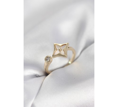 Gold Renk Köşeli Yonca Model Zirkon Taşlı Kadın Yüzük - TJ-BYK4099