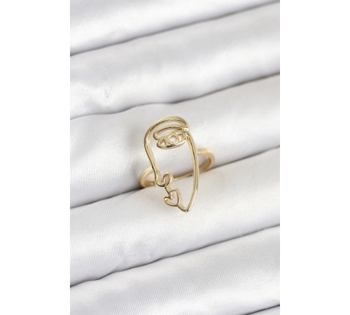 Pirinç Gold Renk Picasso Tarzı Tek Çizgi Yüz Model Kadın Yüzük - TJ-BYK4158