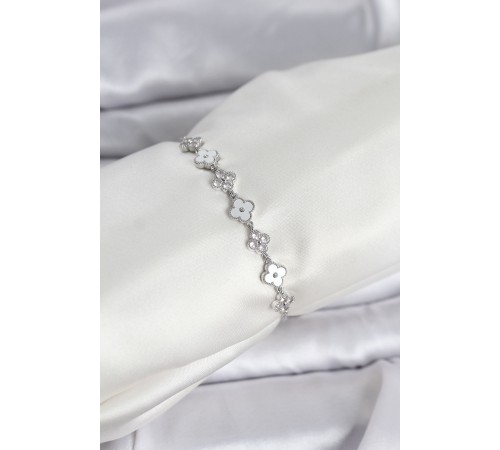 Gümüş Renk Zirkon Taşlı Sıralı Yonca Model Asansörlü Kadın Bileklik - TJ-BB8339