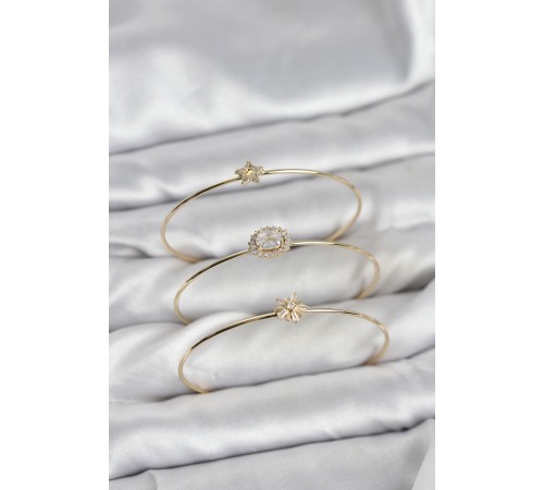 Zirkon Taşlı Gold Renk Tek Taş Model 3'lü Kadın Bileklik Kombini - TJ-BB8351