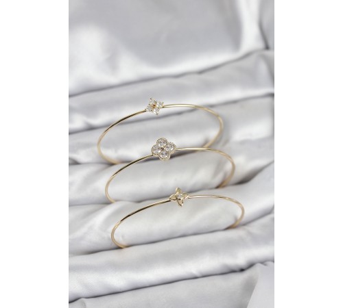 Zirkon Taşlı Gold Renk Yonca Tasarım 3'lü Kadın Bileklik Kombini - TJ-BB8353