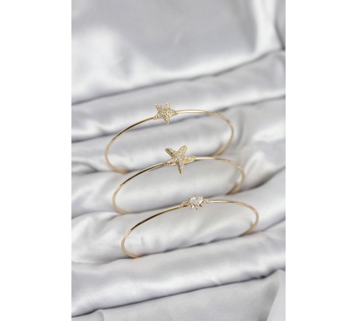 Gold Renk Zirkon Taşlı Deniz Yıldızı Model 3'lü Kadın Bileklik Kombini - TJ-BB8357