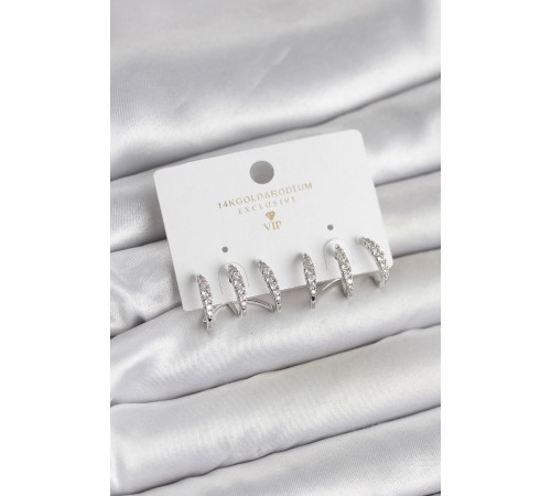 Gümüş Renk Pirinç Zirkon Taşlı Kadın Küpe - TJ-BKP11641