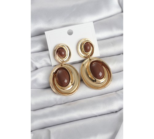 Kahverengi Sallantılı Damla Model Gold Renk Vintage Kadın Küpe - TJ-BKP11671