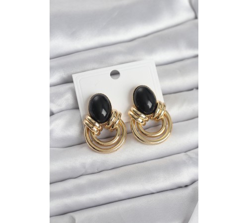 Pirinç Gold Renk Siyah Taşlı Vintage Kadın Küpe - TJ-BKP11678