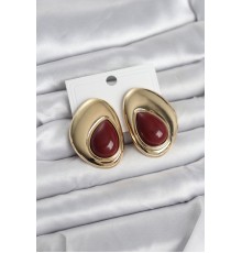 Pirinç Gold Renk Bordo Taşlı Damla Model Vintage Kadın Küpe - TJ-BKP11682