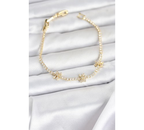 Pirinç Gold Renk Çiçek Model Zirkon Taşlı Su Yolu Kadın Bileklik - TJ-BB8373