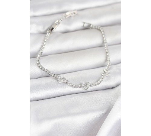 Pirinç Gümüş Renk Kalp Model Zirkon Taşlı Su Yolu Kadın Bileklik - TJ-BB8374