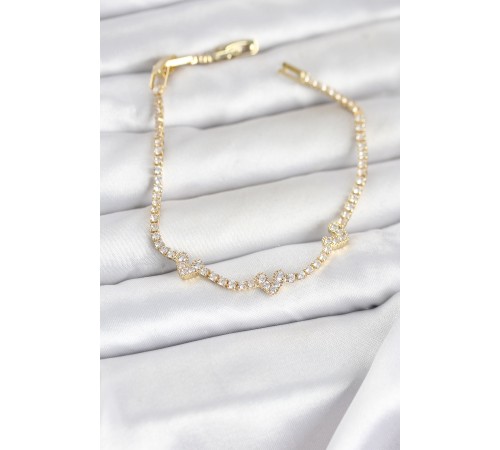 Pirinç Gold Renk Kalp Model Zirkon Taşlı Su Yolu Kadın Bileklik - TJ-BB8375