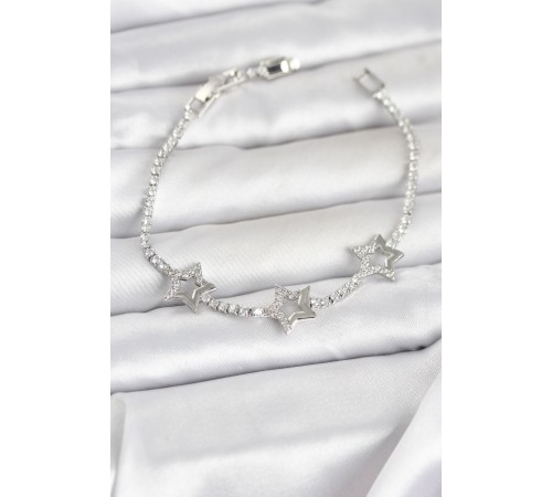 Pirinç Gümüş Renk Yıldız Model Zirkon Taşlı Su Yolu Kadın Bileklik - TJ-BB8376