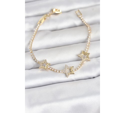 Pirinç Gold Renk Yıldız Model Zirkon Taşlı Su Yolu Kadın Bileklik - TJ-BB8377