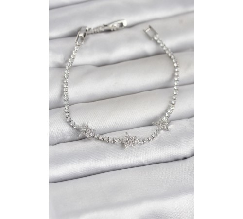 Pirinç Gümüş Renk Minimal Yıldız Model Zirkon Taşlı Su Yolu Kadın Bileklik - TJ-BB8378