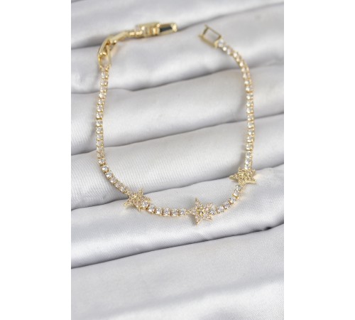 Pirinç Gold Renk Minimal Yıldız Model Zirkon Taşlı Su Yolu Kadın Bileklik - TJ-BB8379