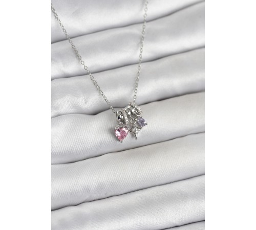 316L Çelik Gümüş Pembe Zirkon Taşlı Charmlı Kadın Kolye - TJ-BKO11010