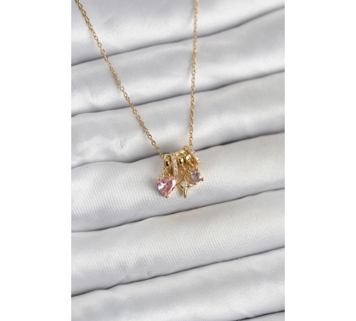316L Çelik Gold Pembe Zirkon Taşlı Charmlı Kadın Kolye - TJ-BKO11011